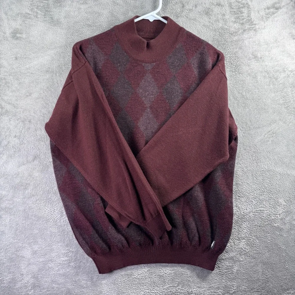 Vintage 90s Argyle Sweater Mens Large Burgundy Grey Mock Neck Pullover Retro